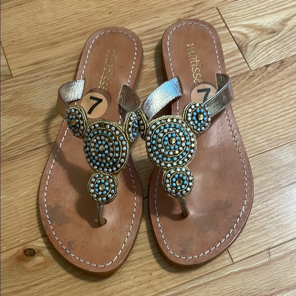 Matisse Gold and Blue Sandals with Decorative Medallions